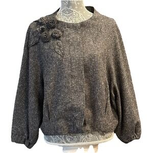 Elle Cropped Dark Gray Tweed Jacket Dolman Sleeves Floral 3D Appliqué  XL